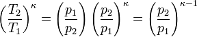 \left(\frac{T_2}{T_1}\right)^\kappa = \left(\frac{p_1}{p_2}\right)\left(\frac{p_2}{p_1}\right)^\kappa = \left(\frac{p_2}{p_1}\right)^{\kappa-1}